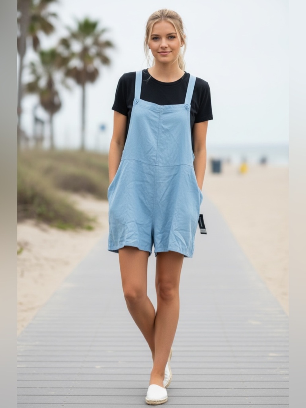 Billabong Pipeline Light Blue Relaxed Cover Overall Beach Romper Pockets